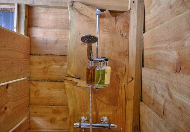 A shower and shower gel inside a wooden cabin
